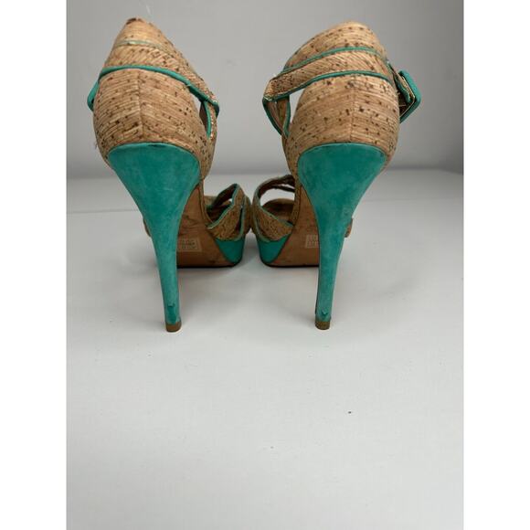 Aldo Platform Turquoise Suede & Tan Cork Stiletto Heel Ankle Strap Sandal 5.5 - Picture 6 of 16